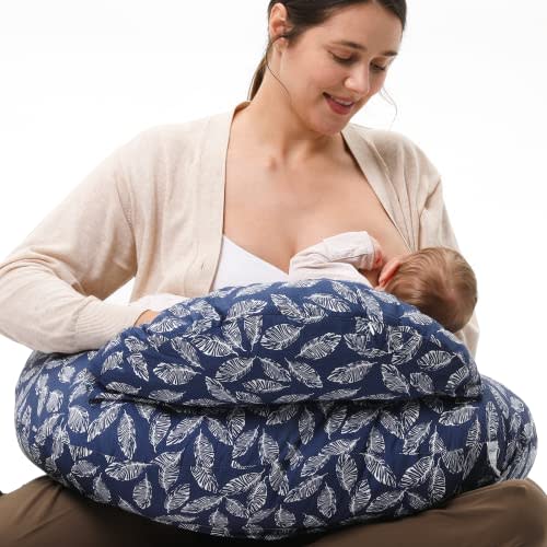 Momcozy Original Nursing Pillow and Positioner - Plus Size Feeding Pillow | Breastfeeding, Bottle Feeding, Baby Support | with Adjustable Waist Strap and Removable Cotton Cover, Navy Blue