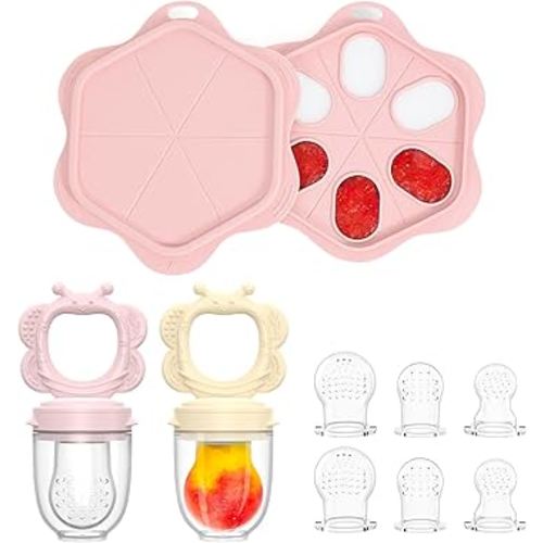 Silicone Baby Fruit Food Feeder (2 Pack) with Freezer Nibble Tray, Breastmilk Popsicle Molds for Baby Teething Relief, Feeder for Safe Infant Self Feeding, BPA Free, Dishwasher Safe, 3 Month+ Pink