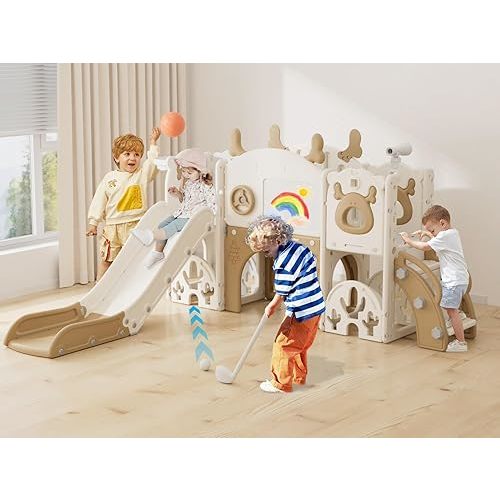 YUFU 13 in 1 Kids Slide for Toddlers, Toddler Slide Playset with Golf, Drawing Board, Climber, Basketball Hoop and Storage Space, Indoor Outdoor Toddler Playground for Kids Age 1-3 (Brown)