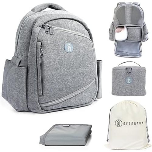 Gear Baby Breast Pump & Diaper bag Compatible with Spectra S1, S2, Medela, Neoprene Wearable Baby Breast Milk cooler Travel Diaper Bag Backpack for Working Mom and Family with Changing Pad (Grey)