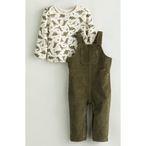 Print Long Sleeve Cotton T-Shirt & Corduroy Overalls Set, 6M