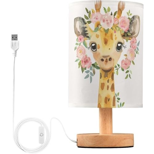 Cute Giraffe with Pink Floral Garland Bedside Table Lamps with USB Port for Bedroom Lamp Accent Table Lamp Small Nightstand Lamp Sturdy Linen Shade Wooden Decorative Lamps for Home|Kids|Holiday