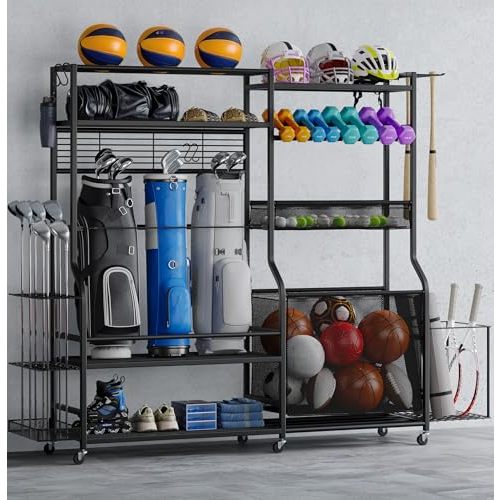 DWVO Sports Equipment Organizer, 3 Golf Bags Storage Stand with Wheels, Sport Gear Accessories Rack and Ball Organizer Bin for Garage