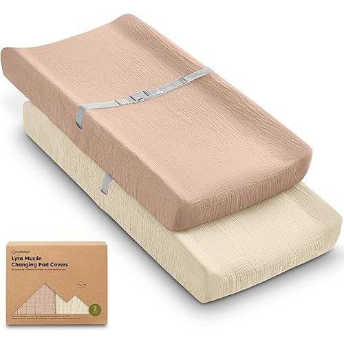 2-Pack Muslin Diaper Changing Pad Covers Boy, Girl – Soft Breathable Muslin Cotton Changing Table Cover, Organic Baby Changing Pad Sheets, Contoured Change Pads Liners Washable 34 x 18 (Almond)