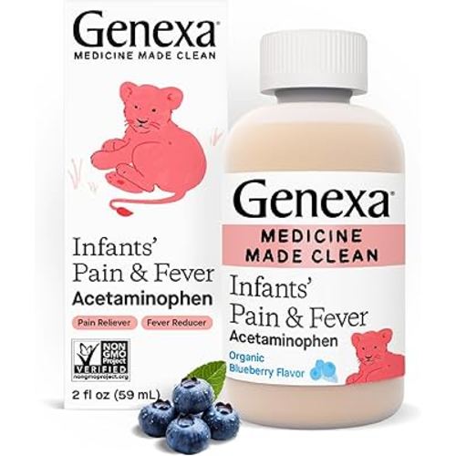 Genexa Infants’ Pain and Fever Reducer | Baby Acetaminophen, Dye Free, Liquid Oral Suspension Medicine for Infant | Delicious Organic Blueberry Flavor | 160 mg per 5mL | 2 Fluid Ounces
