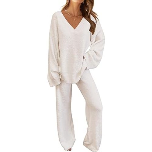MEROKEETY Women's 2 Piece Outfits Fuzzy Fleece Pajama Set Long Sleeve Top Wide Leg Pants Loungewear