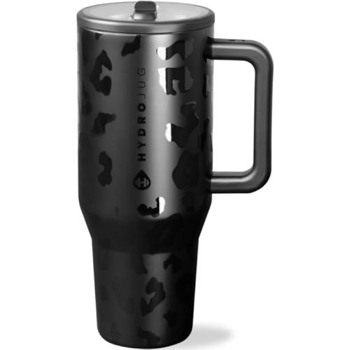 HydroJug Traveler - 32 oz Water Bottle with Handle & Flip Straw - Fits in Cup Holder, Leak Resistant Tumbler-Reusable Insulated Stainless Steel & Rubber Base - Gifts for Women & Men, Black Leopard