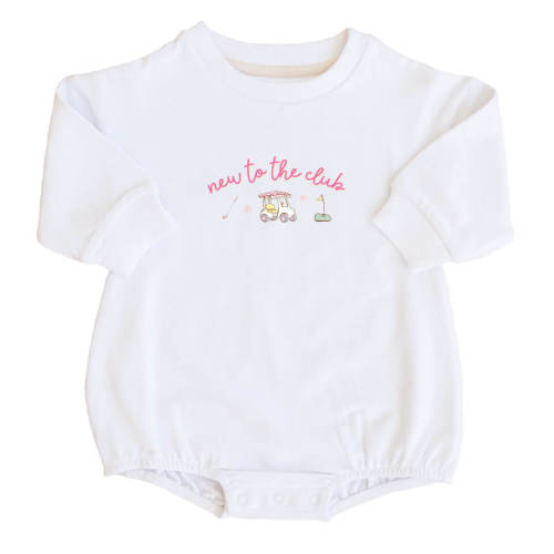 New To The Club Graphic Sweatshirt Bubble Romper | White