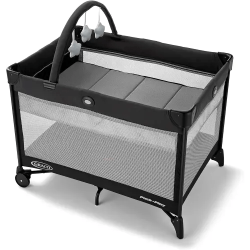 Graco On The Go Zip Pack ‘n Play Playard, Folding Playpen with Bassinet, Portable Crib, Reeves
