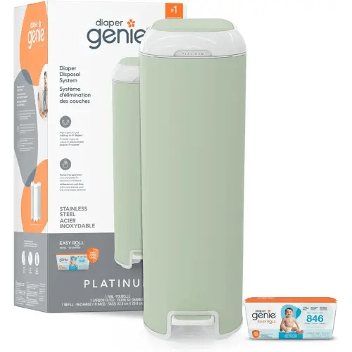 Diaper Genie Platinum Diaper Pail, Sage Green - Made in Durable Stainless Steel and Includes 1 Easy Roll Refill with 18 bags