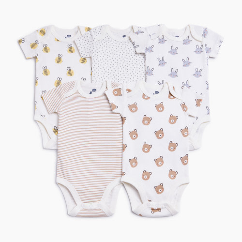 Small Story 5 Pack Printed Short Sleeve Bodysuits - Baby Animals, 0-3 M