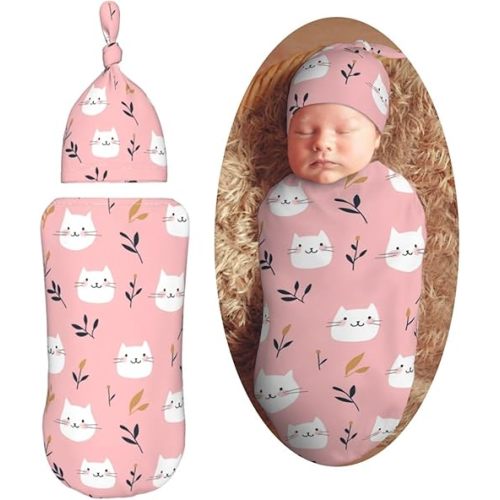 KiuLoam Pink Cute Cat Leaf Swaddle Blanket with Beanie Hat Set Newborn Receiving Blankets Baby Swaddle Wrap Soft Sleep Sack for Baby Boys and Girls