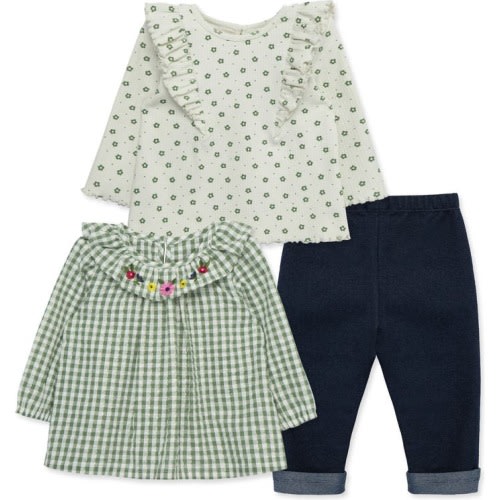 Baby Gingham Long Sleeve Tops & Pants 3-Piece Set, 12M, Blue/ Green