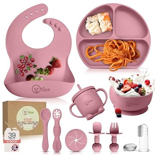 o'doe 11-Piece BPA-Free Silicone Baby Feeding Set | Thick & Soft Suction Plates, Baby Bowls, Wooden Fork & Spoon, and More | Make Mealtime Fun and Easy for Your Little One (Rose, V1)