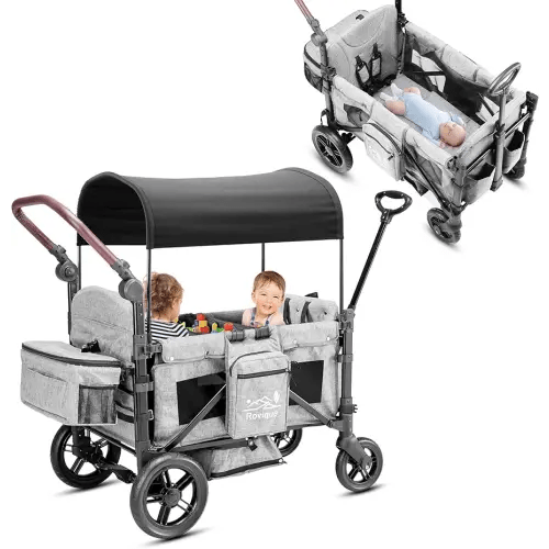 Wagon Stroller for 2 Kids,Premium Wagon for Kids with Removable Canopy, Snack Tray, Convertible Baby Bassinet, 5-Point Safety Harness, All-Terrain PU Wheels & Adjustable Push/Pull Handle,Grey