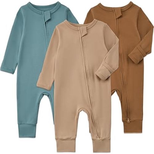 Aablexema 3-Pack Organic Cotton Baby Footless Pajamas with Mitten Cuffs, 2-Way Zipper Romper Sleepers