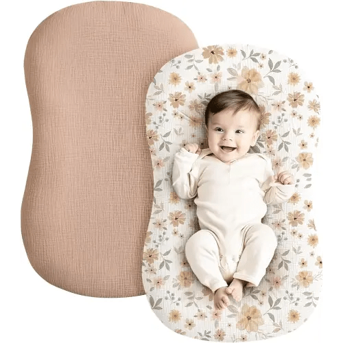 Konssy Muslin Baby Lounger Cover 2 Pack, 100% Cotton Newborn Lounger Cover, Soft and Breathable Lounger Slipcover for Boys Girls, Covers Only (Peach, Flowers)