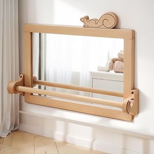 HI BABY MONMENT Montessori Mirror with Bar, Detachable Wooden Frame, Non-Shatter Safety, Wall Mount, Baby Mirror