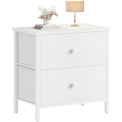 BOLUO White Nightstand 2 Drawer for Bedroom,Small Night Stand with Fabric Drawers End Table Modern