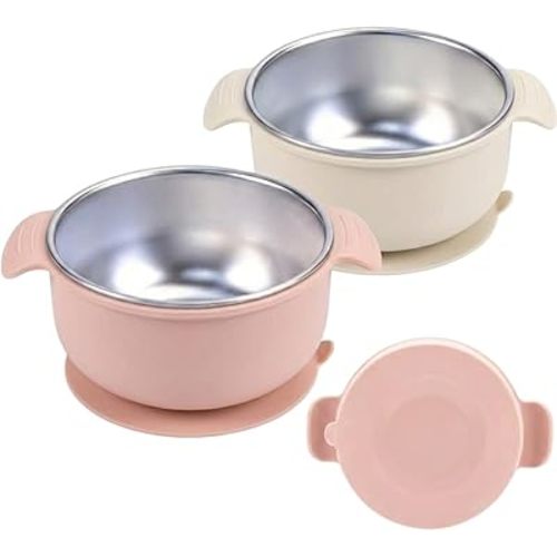 Stainless Steel Baby Suction Bowls with Handles 2 Pack, Non-Slip Children Food Bowl with Silicone Sleeve for Kids Toddlers Infants, Unbreakable & Non Toxic (Tofu & Pearl Blush)