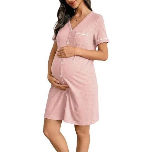BLENCOT Women’s Labor and Delivery Night Gown for Maternity Short Sleeve V Neck Open Front Shirt Dress with Buttons