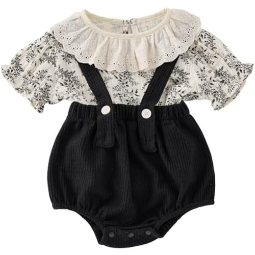 2-Piece Baby Girl Outfit - Short-Sleeve Peter Pan Collar Top & Suspender Romper for Outdoor Wear