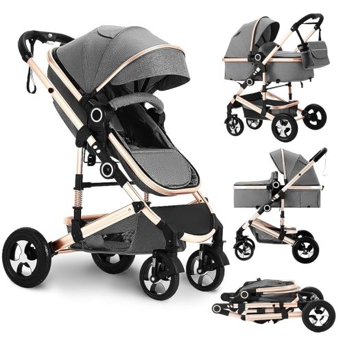 Convertible Baby Stroller, 3 in 1 Folding Infant Stroller, High Landscape Pushchair w/Adjustable Backrest & Canopy, Newborn Pram with Foot Cover, Storage Basket, Grey