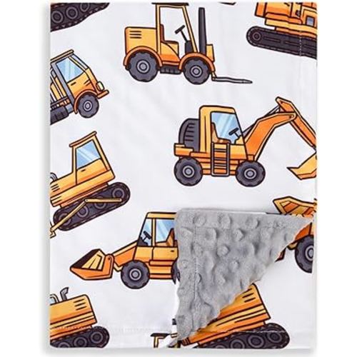 New Born Baby Boy Double Layer Fuzzy Nursery Toddler Blanket - Soft Minky Daycare With Dotted Backing for Baby Shower Birthday Gift - 30 x 40 Inch (Construction, 1)