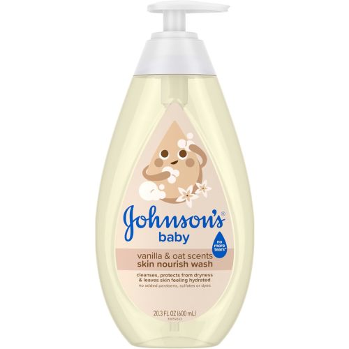 Johnson's Skin Nourishing Moisture Baby Wash, Vanilla & Oat Scents, Tear-Free, Hypoallergenic Baby Body Wash Cleanses, Protects from Dryness, & Leaves Skin Feeling Hydrated, 20.3 fl. oz