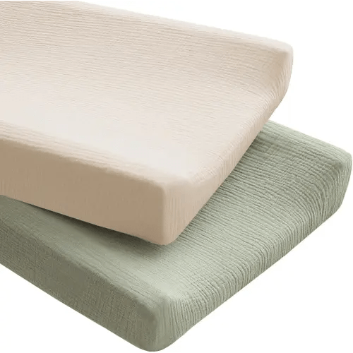 Konssy 2 Pack Muslin Changing Pad Covers for Boys, Ultra Soft & Breathable Cotton Baby Diaper Changing Table Covers, Neutral Nursery Diaper Changing Pad Sheets (Fog Green,Cream)