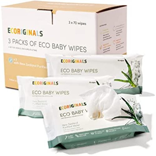 Ecoriginals Baby Wipes, Made with Soothing Purified New Zealand Water, 100% All Natural Bamboo Disposable Wet Wipes, 3 Pack (210 Count)