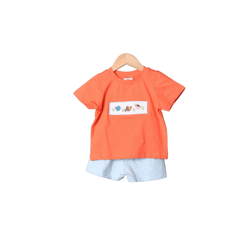 Smocked Sea Friends Blue Stripe/Coral Short Set