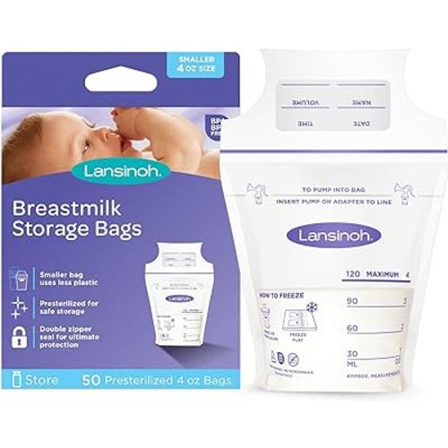 Lansinoh Breastmilk Storage Bags, 50 Count, Baby Essentials, Fast Freeze & Thaw Breast Milk Bags for Baby Bottle Feeding, Superior Strength & Stretch, 4 Ounce