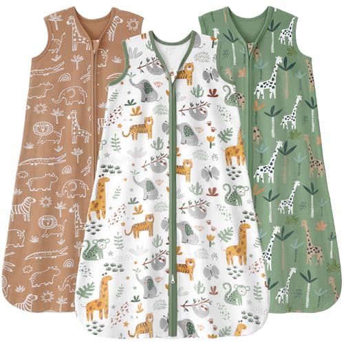 FIEMOL Baby Sleep Sack 6-12 months, 100% Cotton Sleeping Sack for Newborn and Infant, 3 Pack Baby Wearable Blanket for Boy and Girl, 0.5 Tog Lightweight Double Zipper Sleep Bag Green Brown Giraffe