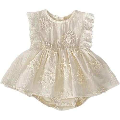 HOOLCHEAN Baby Girl Summer Lightweight Cotton Romper Dress One-Piece with Embroidery Lace Ruffles Flutter Sleeves