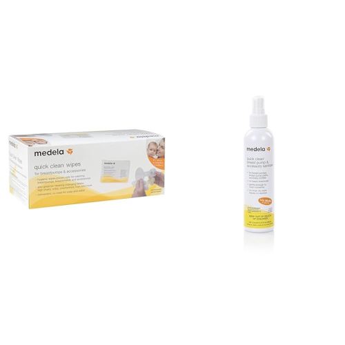 Medela Quick Clean Breast Pump Wipes and Sanitizer Spray Bundle, 40 Count Wipes and 8 Fluid Ounces Spray