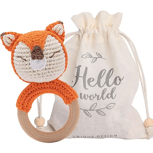 Youuys Wooden Baby Rattle for Newborn, Crochet Fox Rattle Toy Natural Wood, Music Shaker Rattle for Hand Grips, Boy Girl First Rattle Gift