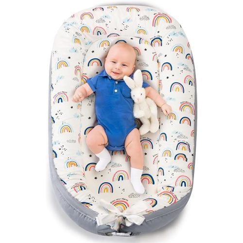 Baby Lounger- Baby Nest for 0-24 Months, Ultra Soft Organic Cotton Breathable & Portable Baby Lounger, Baby Lounger Pillow for Newborn (Rainbow)