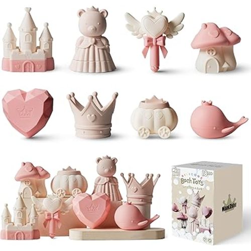 MarcZero Princess Silicone Bath Toys 8Pcs for Toddlers Kids Babies,Bathtub Water Toys,Soft&Squeezable&Easy-Grip Pool Toys Set (Pink)