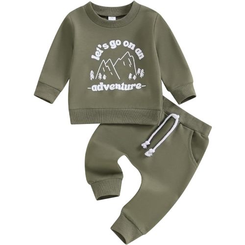 Newborn Baby Boy Fall Clothes Long Sleeve Little Dude Print Sweatshirt Top Long Pants Set Cute Toddler Winter Outfit - Lets Go on an Adventure Army Green - 18-24 Months