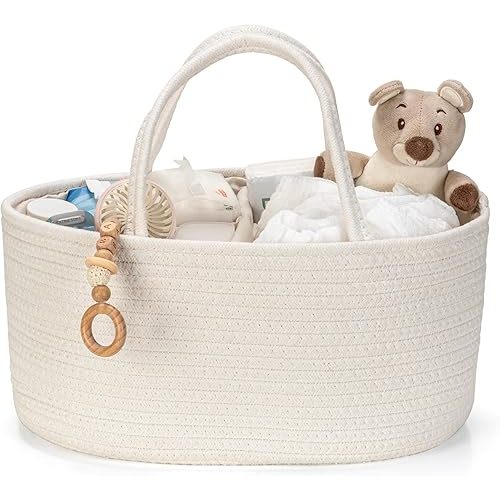 Diaper Caddy Organizer, Baby Storage Basket, Nursery Bin and Car Organizer for Diapers, Gift Basket for Baby Shower List or Newborn Essentials, Boys and Girls - Off White