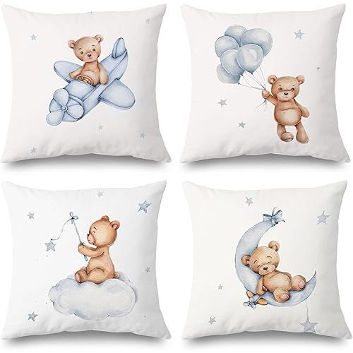 SPBL&L Baby Bear Pillow Covers 18x18, Woodland Animals Nursery Decor for Boys Girls, Cute Decorative Pillow Covers for Toddler Kids Room Playroom, Set of 4