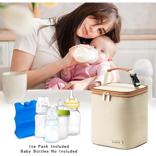 BABEYER Breastmilk Cooler Bag with Ice Pack Fits 4 Baby Bottles Up to 9 Ounce, Baby Bottle Bag Great for Nursing Mom Daycare