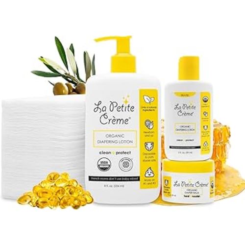 La Petit Creme Set: Organic Diapering Lotion (8 oz), Travel-size Liniment Baby Lotion (2 oz), 1 Travel-size Diaper Balm (1 oz), 50 Disposable Cotton Pads