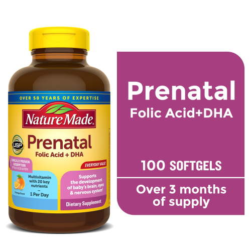 Nature Made Prenatal Softgels with Folic Acid + DHA, Iron, Pregnancy Benefits, 100 Count