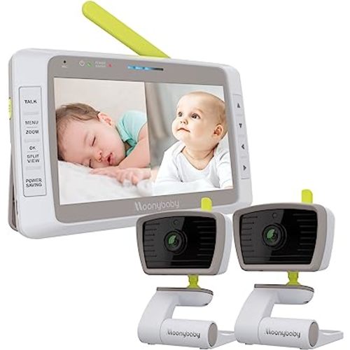 Low EMF 5" HD Auto Noise Reduce Baby Monitor with 2 Cameras.No WiFi Long Range, Split Screen, 2-Way Talk, Lullaby, Auto Night Vision Moonybaby Split50