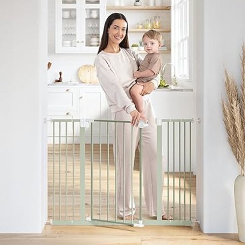 Comfy Cubs Baby Safety Gate with 3 Extensions - Adjustable 42" x 1.9" x 30" Q195 Steel Doorway Barrier - Powder-Coated Finish for Stairs and Doorways - Walk-Through Design Pet Gate - Sage