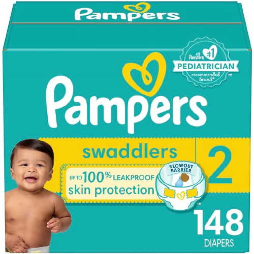 Pampers Swaddlers Size 2 Diapers, 148 Count, Ultra Soft, Leakproof, Moisture-Wicking, Disposable Baby Diapers