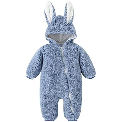 Newborn Baby Boy Girl Fleece Hooded Jumpsuit Cute Rabbit Ear Romper Zip up Coat Bunny Warm Thick Snowsuit Outfit