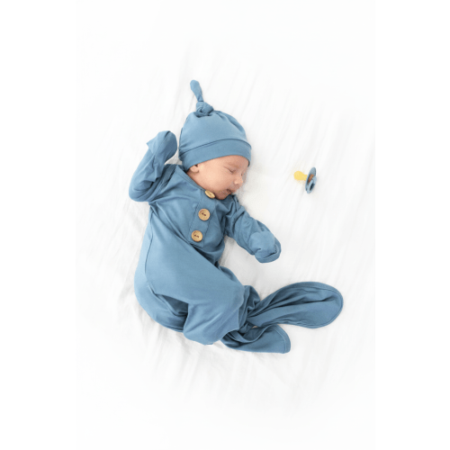 Solid Dusty Blue Newborn Baby Knot Gown & Hat | Caden Lane